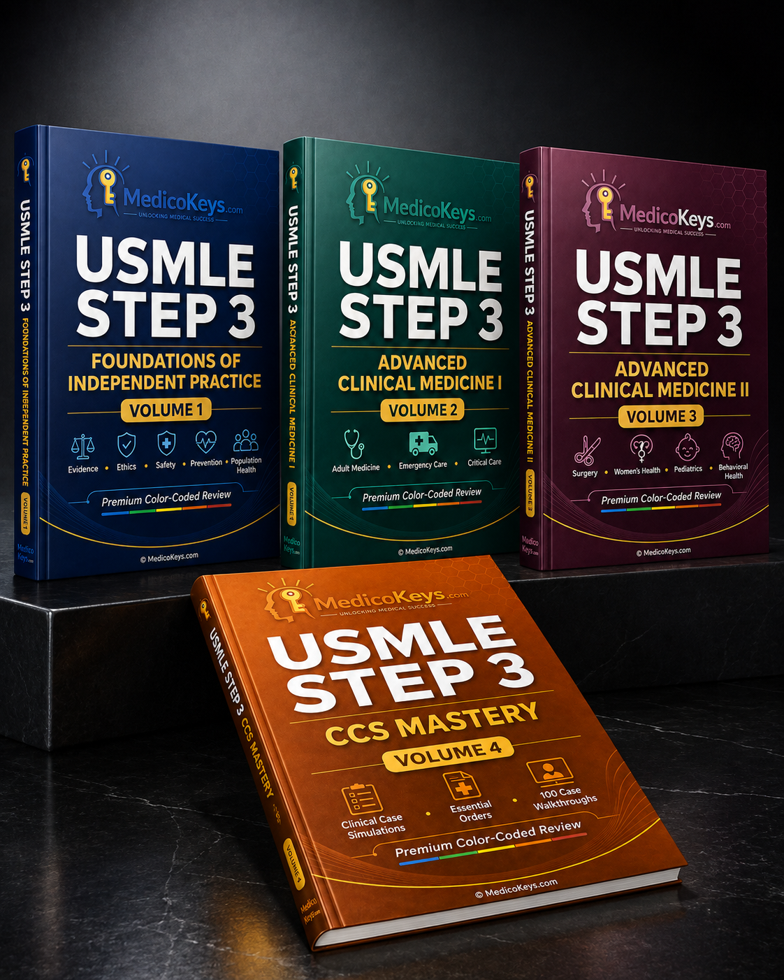MedicoKeys USMLE Step 3 Full Package featuring four premium exam-focused study books: Volume 1 Foundations of Independent Practice, Volume 2 Advanced Clinical Medicine I, Volume 3 Advanced Clinical Medicine II, and Volume 4 CCS Mastery. Realistic blue, green, burgundy, and orange books are professionally arranged on a dark premium studio background. Updated, high-yield, color-coded USMLE Step 3 revision notes, MCQs, clinical study material, independent practice concepts, advanced clinical medicine, and CCS 