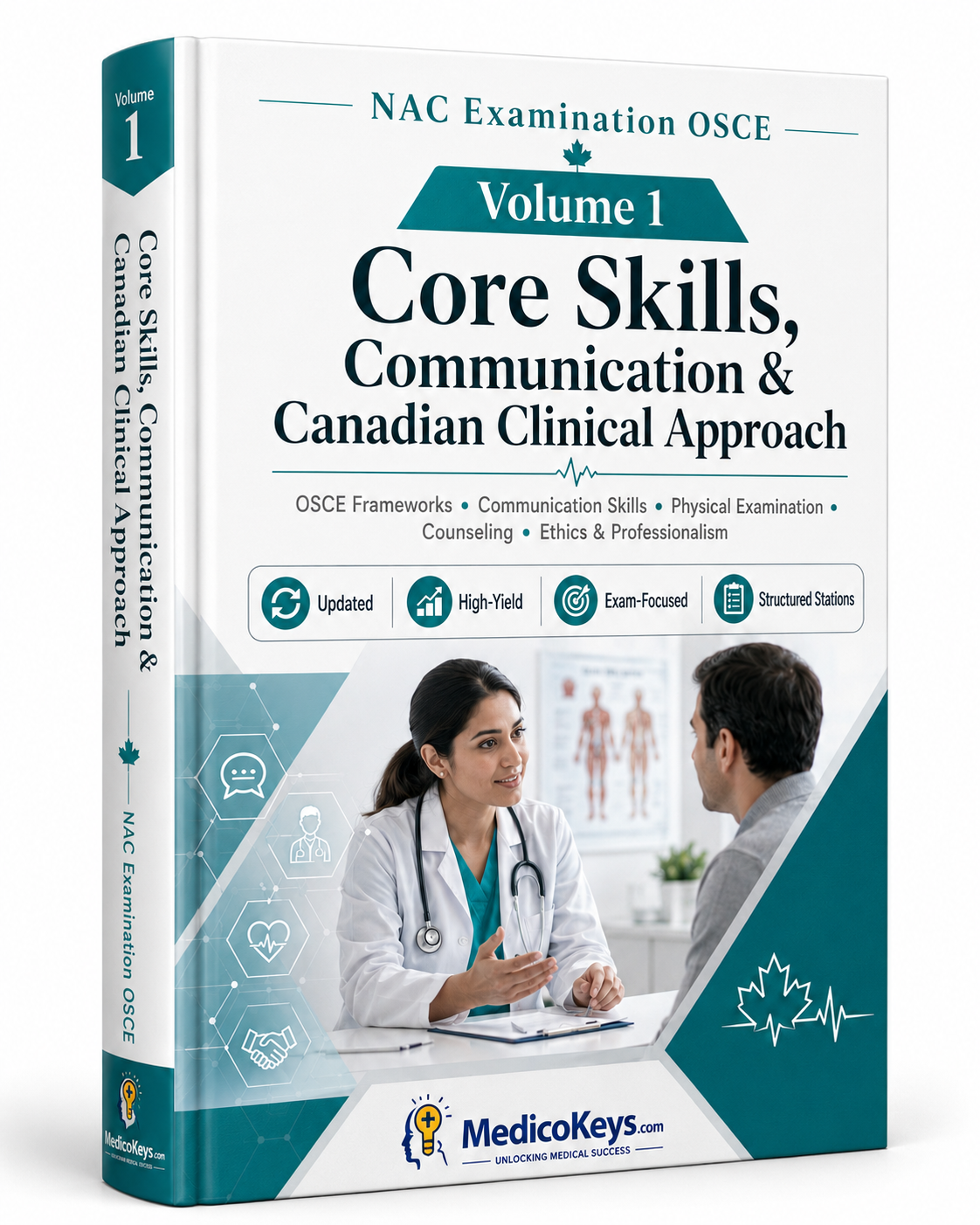 MedicoKeys NAC Examination OSCE Volume 1 premium digital study guide covering core clinical skills, communication, Canadian clinical approach, focused history, physical examination, ethics, professionalism and 40 structured practice stations