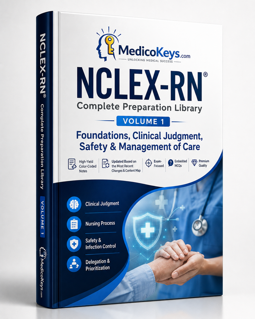MedicoKeys NCLEX-RN Volume 1 premium digital study guide covering foundations, clinical judgment, patient safety, prioritization, delegation and management of care