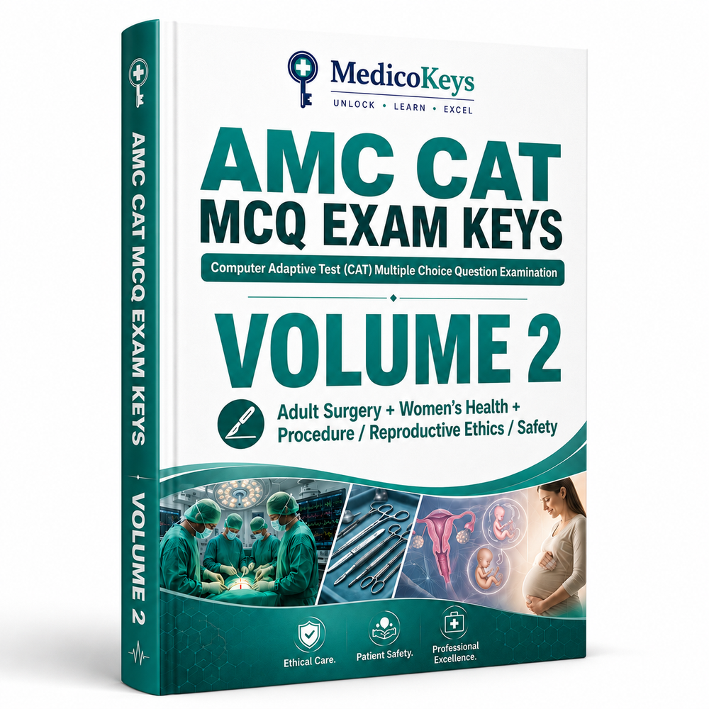Updated visual and color-coded AMC CAT MCQ Keys Volume 2 covering surgery, trauma, Women’s Health, procedures, ethics and patient safety