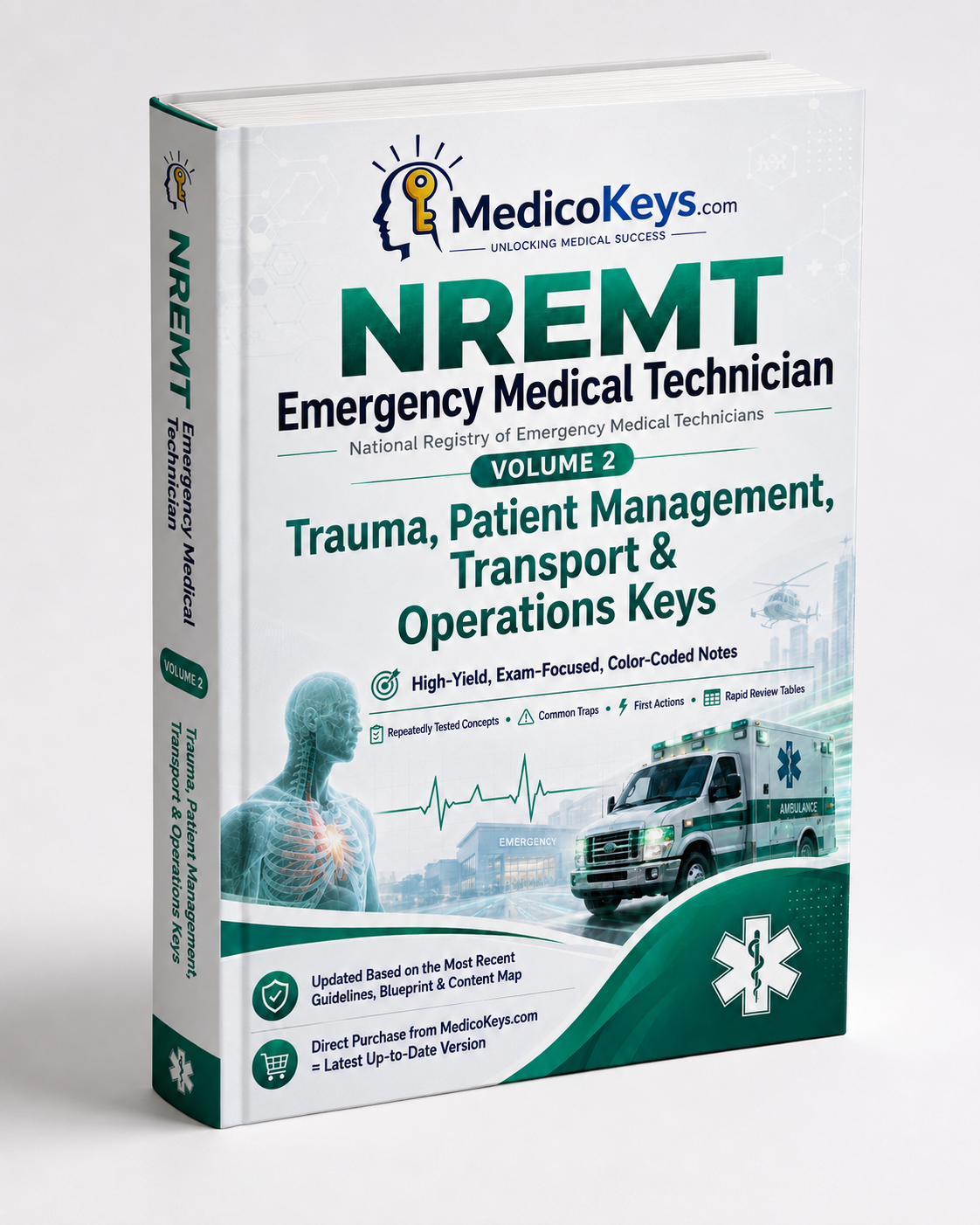 Premium updated NREMT EMT Volume 2 colour-coded high-yield eBook covering trauma assessment, haemorrhage, shock, triage, transport and EMS operations