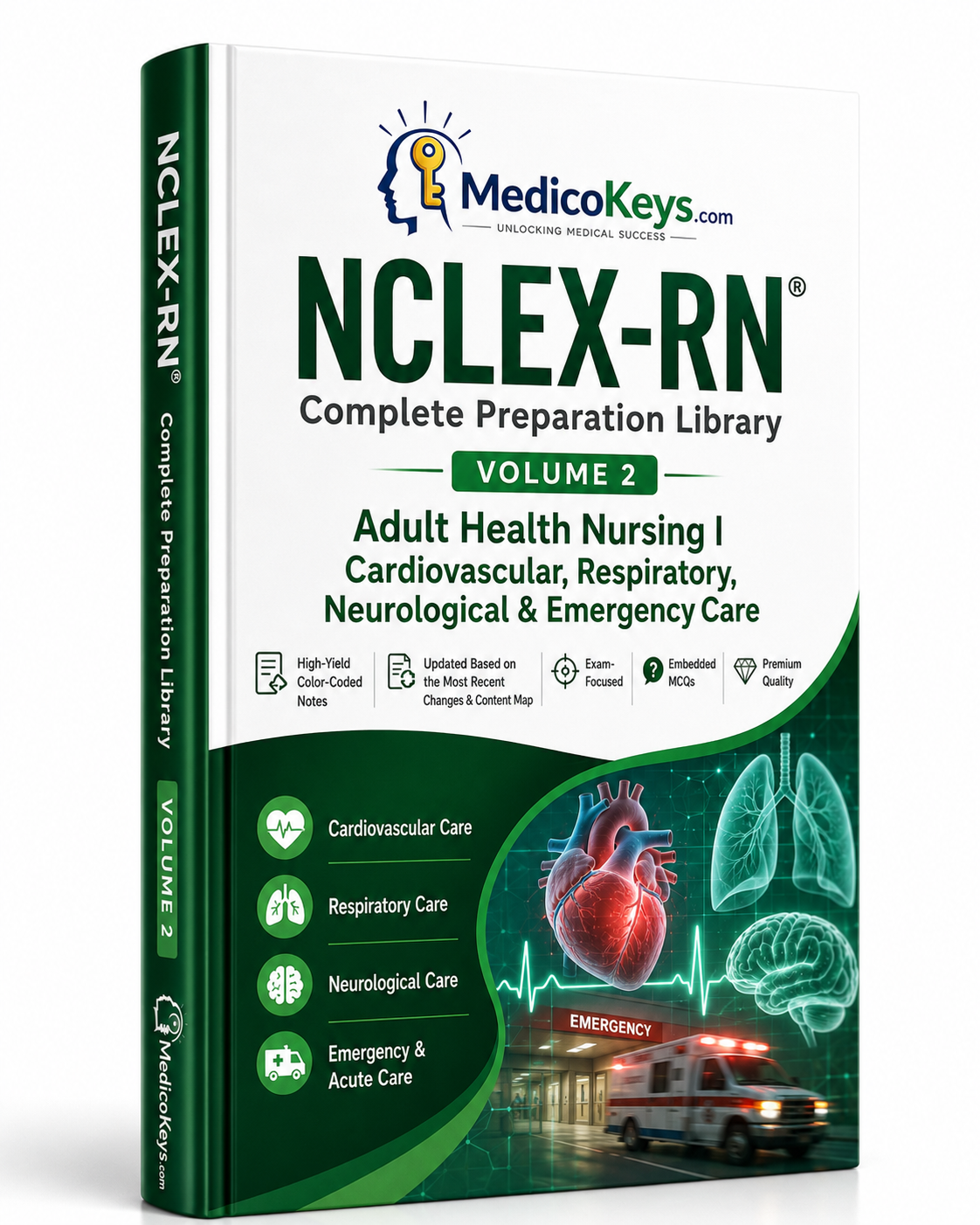 MedicoKeys NCLEX-RN Volume 2 premium Adult Health Nursing study guide covering cardiovascular, respiratory, neurological and emergency care
