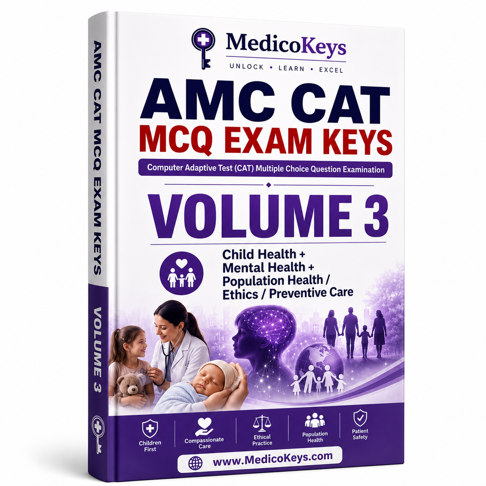 Updated visual and color-coded AMC CAT MCQ Keys Volume 3 covering paediatrics, mental health, population health, preventive care, ethics and patient safety