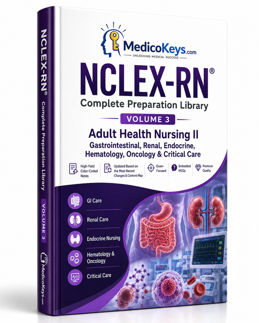 MedicoKeys NCLEX-RN Volume 3 premium Adult Health Nursing study guide covering gastrointestinal, renal, endocrine, hematology, oncology and critical care