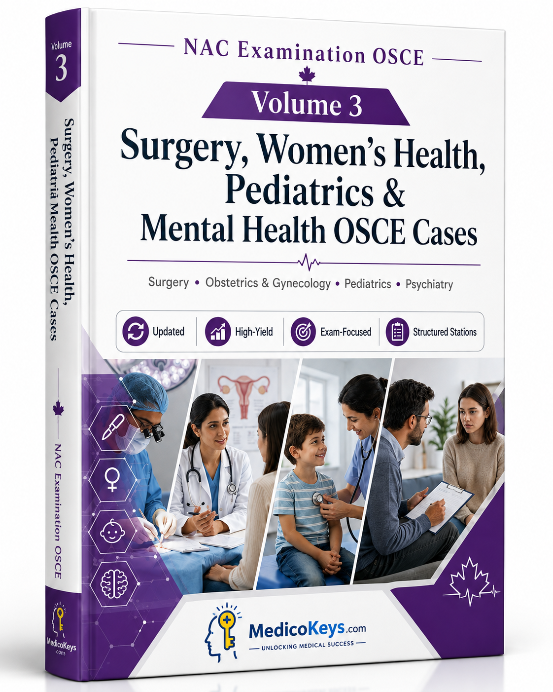 MedicoKeys NAC Examination OSCE Volume 3 premium digital study guide covering surgery, women's health, obstetrics and gynecology, pediatrics, psychiatry, mental health, sensitive care and 90 structured clinical stations