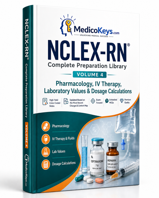 MedicoKeys NCLEX-RN Volume 4 premium pharmacology study guide covering medication safety, IV therapy, laboratory values, ABG interpretation and dosage calculations