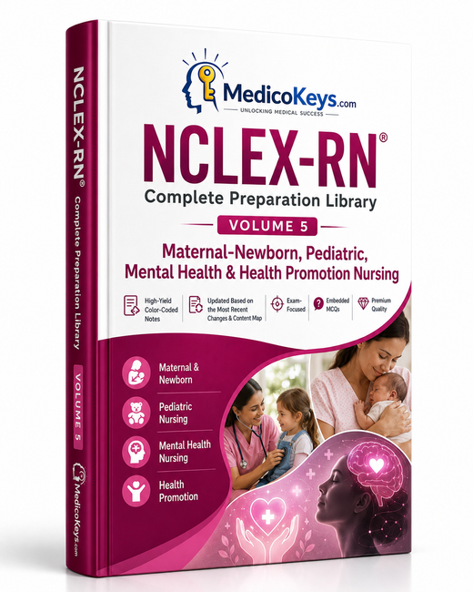MedicoKeys NCLEX-RN Volume 5 premium study guide covering maternal-newborn, pediatric, mental health and health promotion nursing