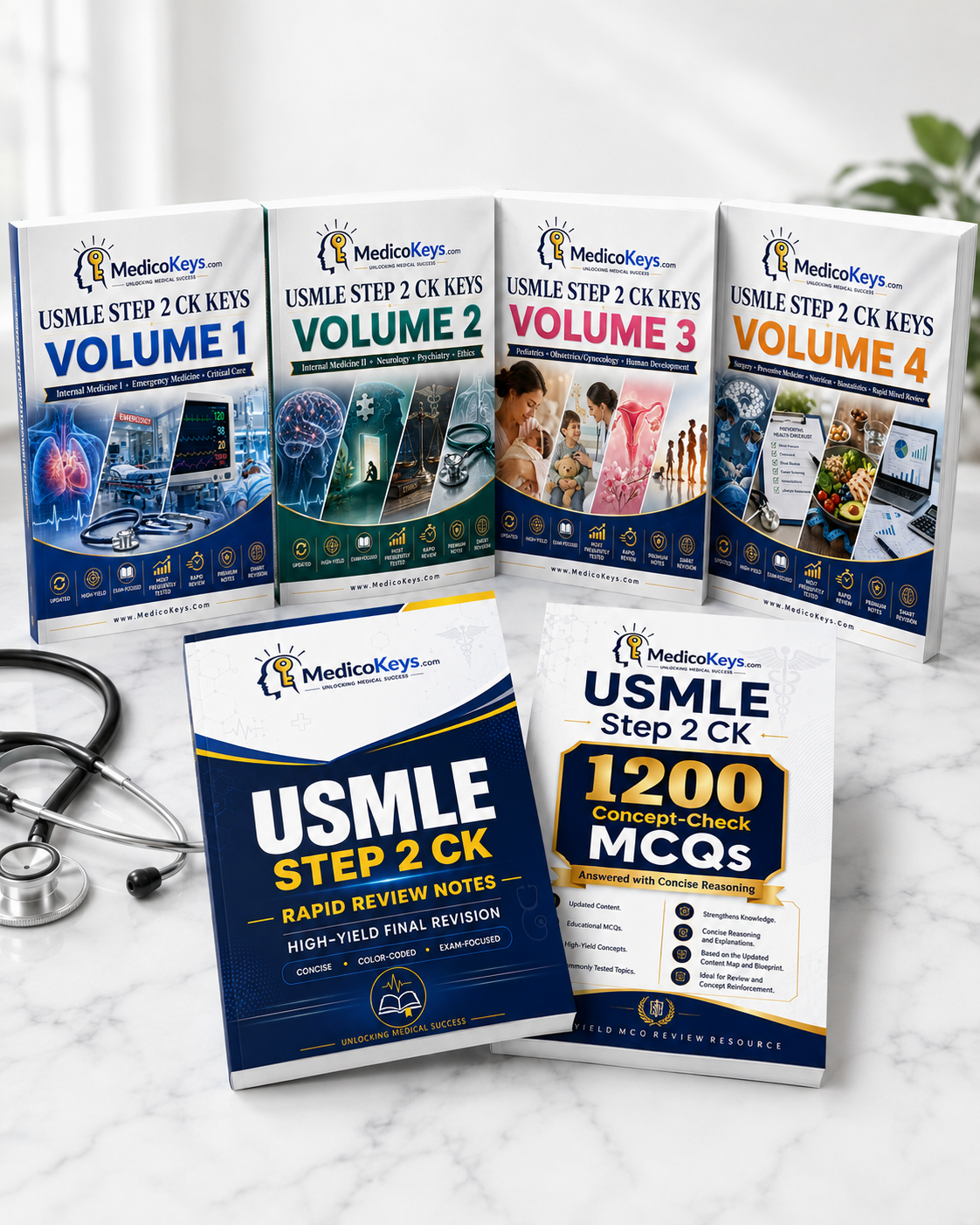 Updated USMLE Step 2 CK Complete Package by MedicoKeys featuring Volumes 1–4, high-yield color-coded Rapid Review Notes, and 1200 Concept-Check MCQs with concise reasoning and explanations — premium exam-focused study material covering internal medicine, emergency medicine, critical care, neurology, psychiatry, ethics, pediatrics, obstetrics and gynecology, human development, surgery, preventive medicine, nutrition, biostatistics, and mixed review for USMLE Step 2 CK preparation, revision, knowledge reinfor